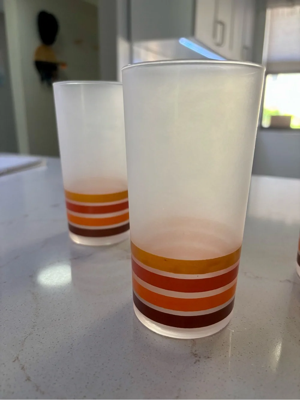 Vintage Libbey Frosted Autumn Leaf Striped Tumblers – Set of 4 (MCM / Jewel Tea)